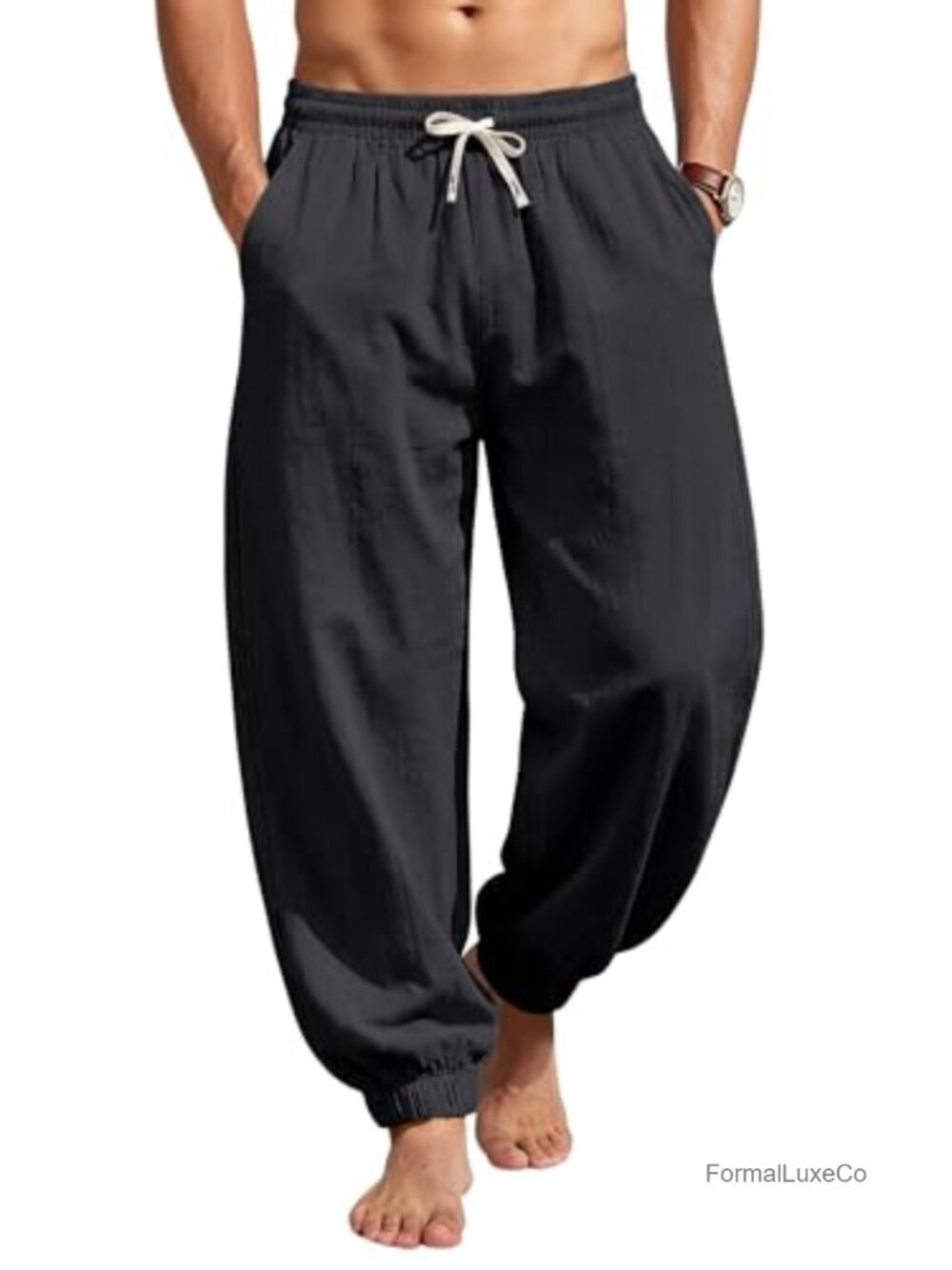 Men's Cotton Linen Blend Harem Pants Drawstring Jogger Yoga Trousers